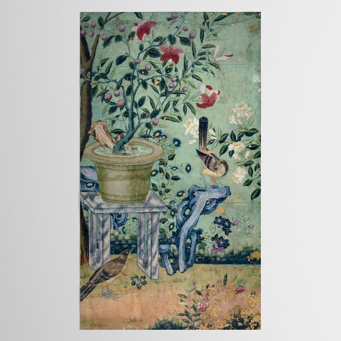 18th Century Antique Mint Chinoiserie Bird Garden Fresco 1740 Tablecloth Gallery Image 2