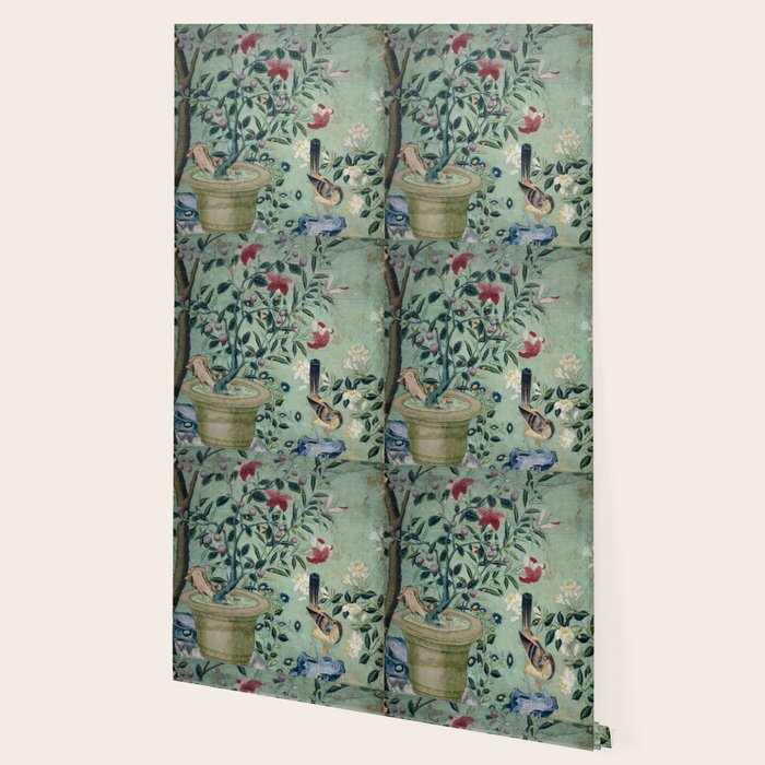 18th Century Antique Mint Chinoiserie Bird Garden Fresco 1740 Wallpaper Gallery Image 2