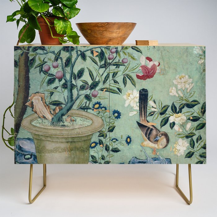 18th Century Antique Mint Chinoiserie Bird Garden Fresco 1740 Credenza Gallery Image 1