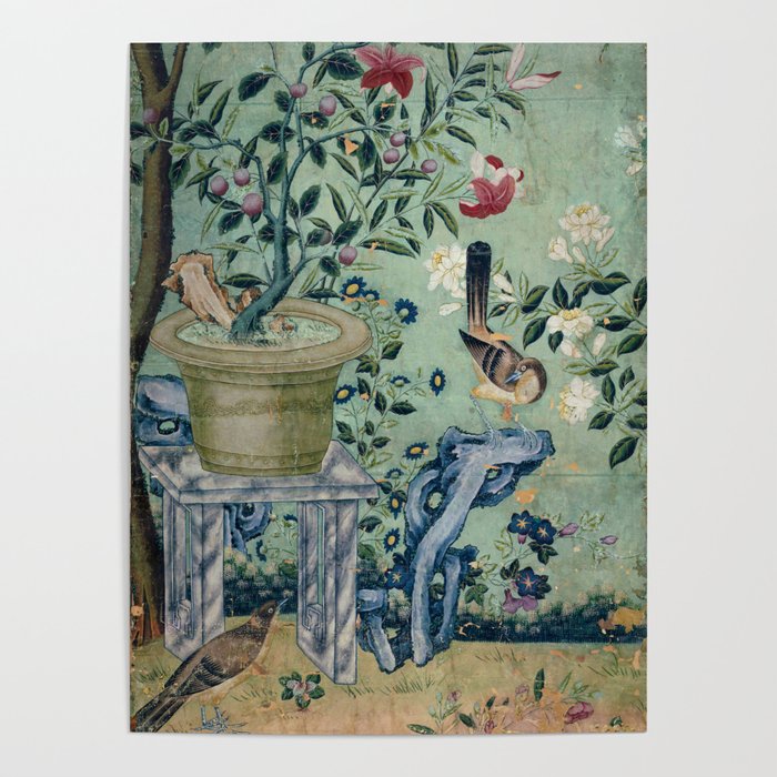 18th Century Antique Mint Chinoiserie Bird Garden Fresco 1740 Poster Gallery Image 4