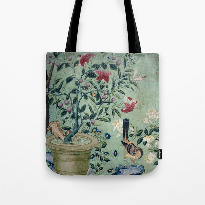 18th Century Antique Mint Chinoiserie Bird Garden Fresco 1740 Tote Bag Gallery Image 1