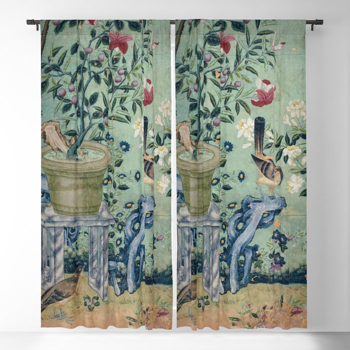 18th Century Antique Mint Chinoiserie Bird Garden Fresco 1740 Window Curtain Gallery Image 5