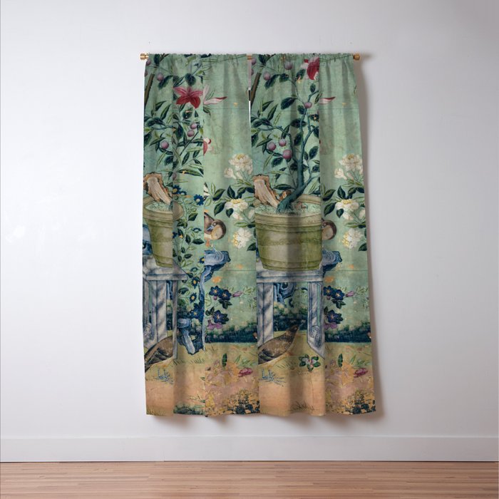 18th Century Antique Mint Chinoiserie Bird Garden Fresco 1740 Window Curtain Gallery Image 3