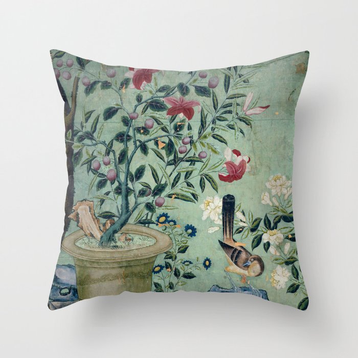 18th Century Antique Mint Chinoiserie Bird Garden Fresco 1740 Throw Pillow Gallery Image 6