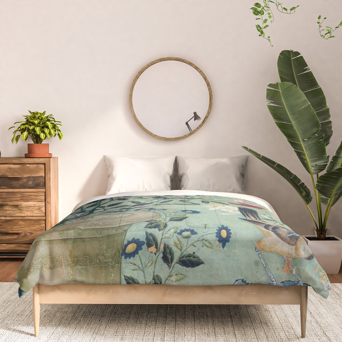 18th Century Antique Mint Chinoiserie Bird Garden Fresco 1740 Comforter Gallery Image 3