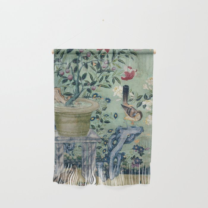 18th Century Antique Mint Chinoiserie Bird Garden Fresco 1740 Wall Hanging Gallery Image 1