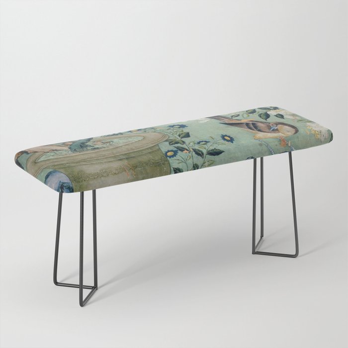18th Century Antique Mint Chinoiserie Bird Garden Fresco 1740 Bench Gallery Image 1