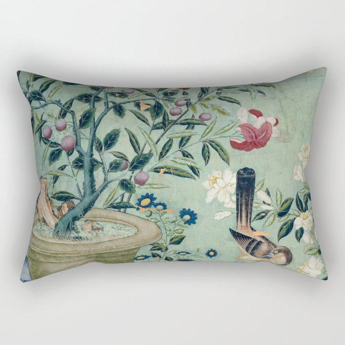 18th Century Antique Mint Chinoiserie Bird Garden Fresco 1740 Rectangular Pillow Gallery Image 2