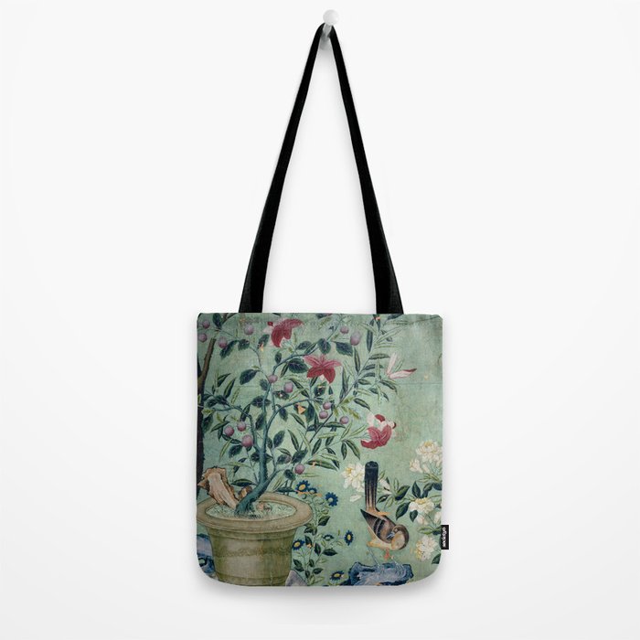 18th Century Antique Mint Chinoiserie Bird Garden Fresco 1740 Tote Bag Gallery Image 2