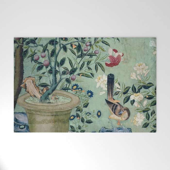 18th Century Antique Mint Chinoiserie Bird Garden Fresco 1740 Welcome Mat Gallery Image 1