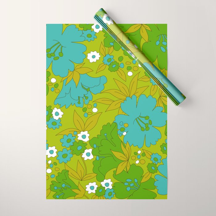 Green, Turquoise, and White Retro Flower Design Pattern Wrapping Paper Gallery Image 1