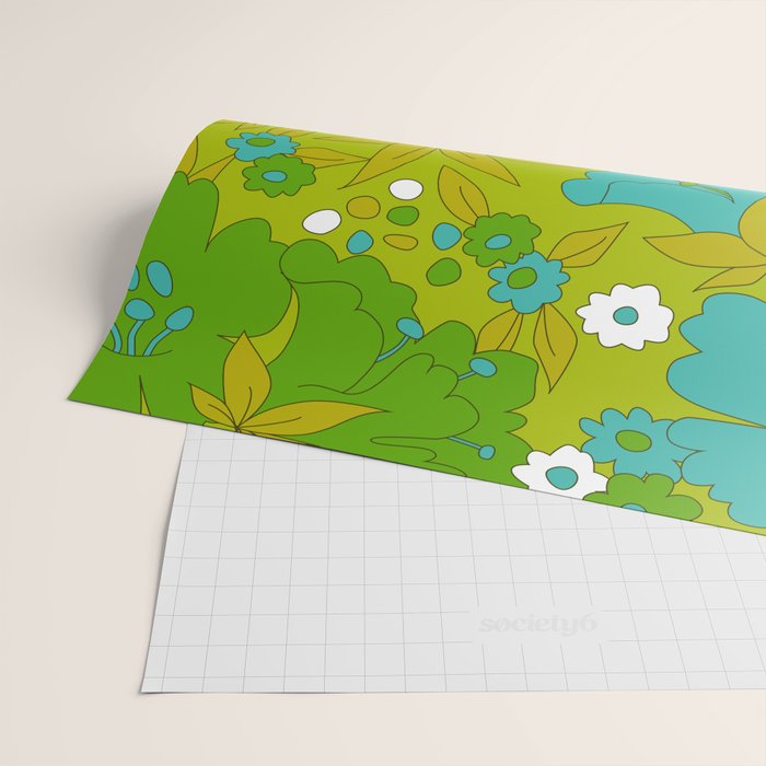 Green, Turquoise, and White Retro Flower Design Pattern Wrapping Paper Gallery Image 2