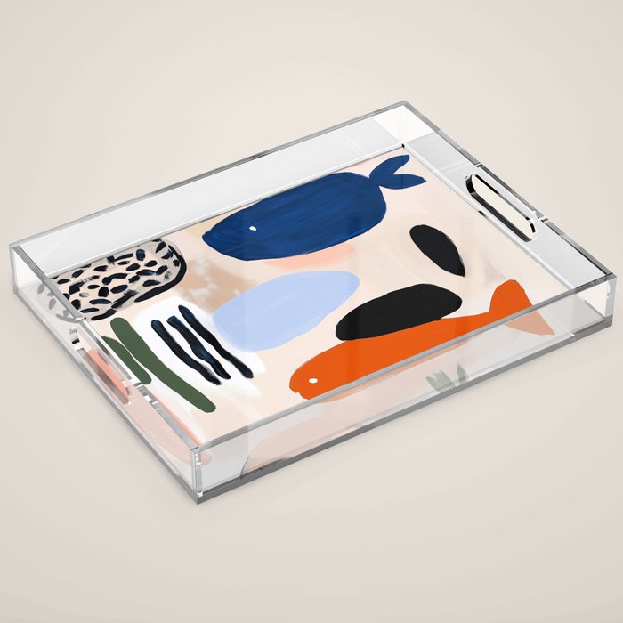 Sea Life Abstract Coral Seashells and Fishses Ocean Coastal  Art Painting  Acrylic Tray Gallery Image 1