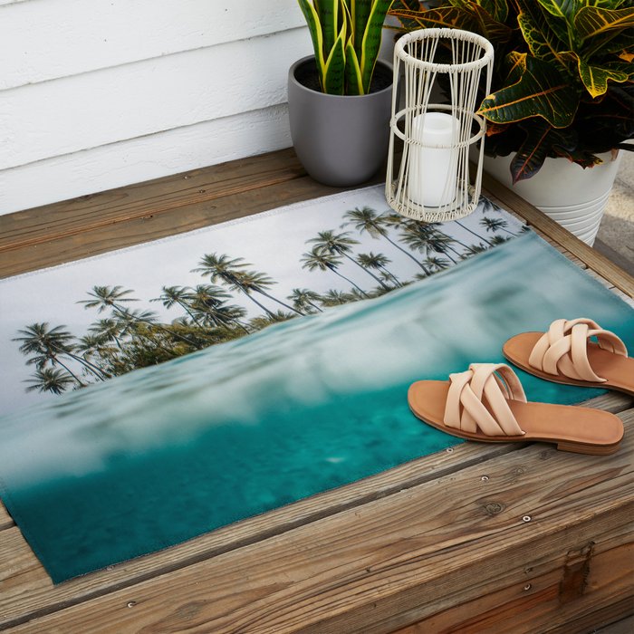 Split View Paradise - Ocean and Palm Tree Wall Art Outdoor Rug Gallery Image 2