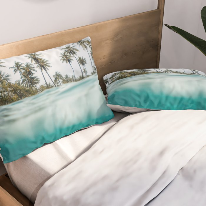 Split View Paradise - Ocean and Palm Tree Wall Art Pillow Sham Gallery Image 2