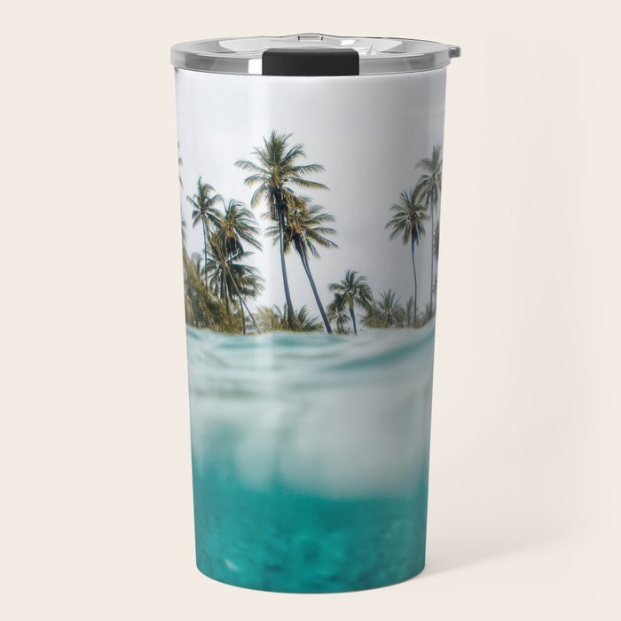 Split View Paradise - Ocean and Palm Tree Wall Art Travel Mug Gallery Image 1