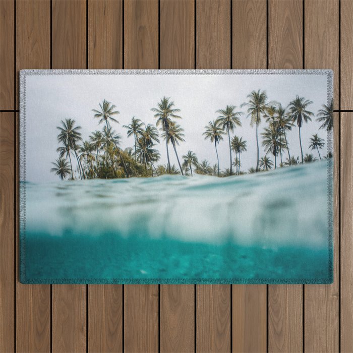 Split View Paradise - Ocean and Palm Tree Wall Art Outdoor Rug Gallery Image 1