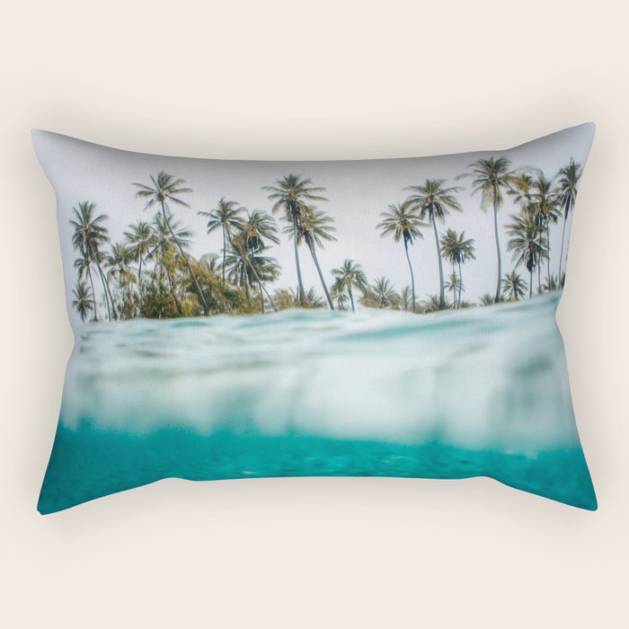 Split View Paradise - Ocean and Palm Tree Wall Art Rectangular Pillow Gallery Image 1