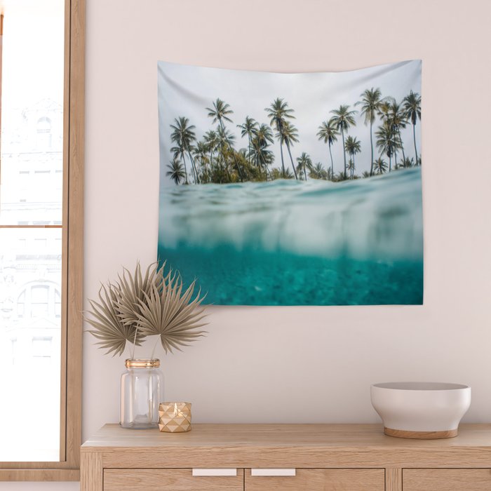 Split View Paradise - Ocean and Palm Tree Wall Art Wall Tapestry Gallery Image 2