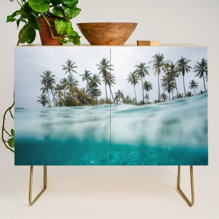 Split View Paradise - Ocean and Palm Tree Wall Art Credenza Gallery Image 1