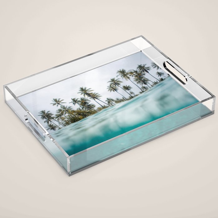 Split View Paradise - Ocean and Palm Tree Wall Art Acrylic Tray Gallery Image 1