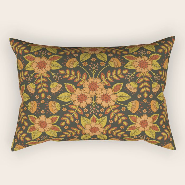 Orange, Peach, Olive Green & Dark Gray Floral Pattern Rectangular Pillow Gallery Image 2