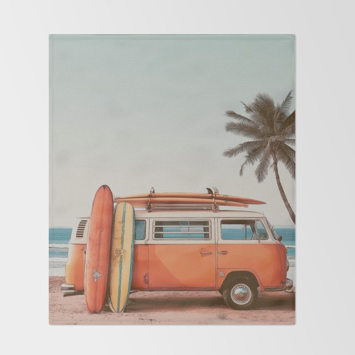 Surf Van I - Vintage Coastal Adventure Print Throw Blanket Gallery Image 2