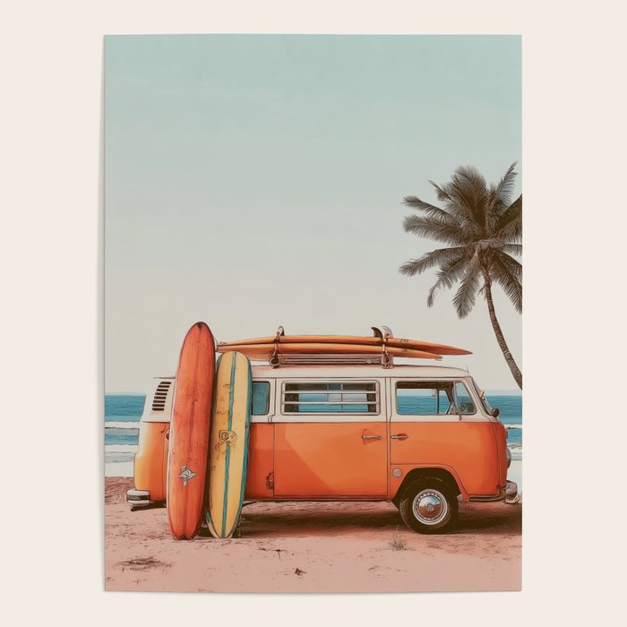 Surf Van I - Vintage Coastal Adventure Print Poster Gallery Image 1