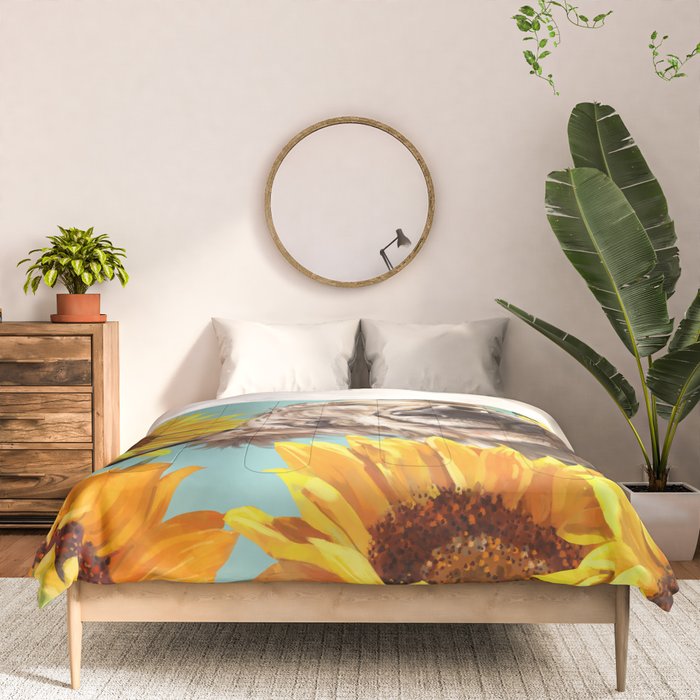 Highland Cow with Sunflowers in Blue Comforter Gallery Image 3