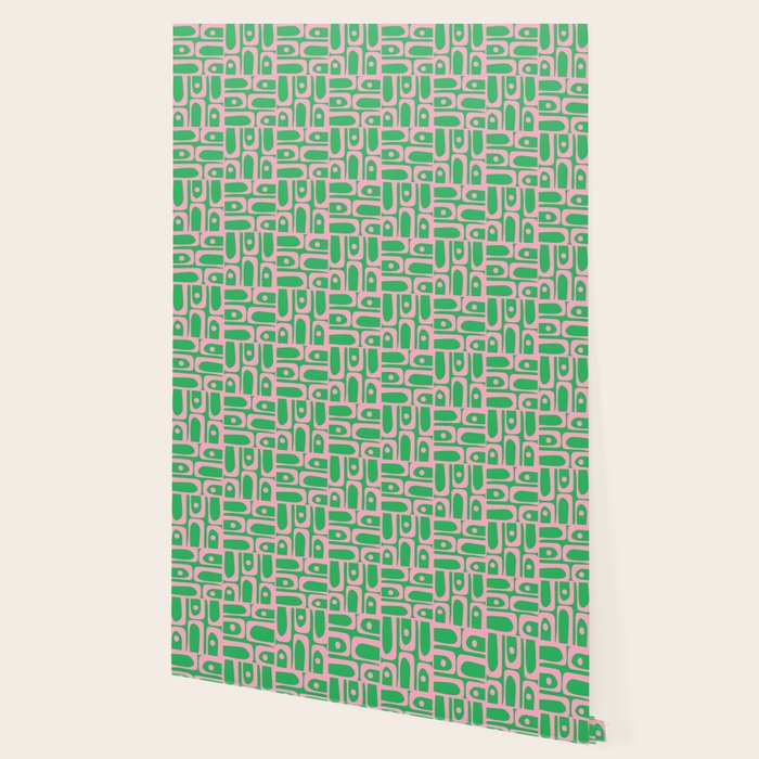 Mid Century Modern Piquet Abstract Multi Geo Pattern in Spring Green and Pink Wallpaper Gallery Image 2