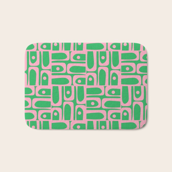 Mid Century Modern Piquet Abstract Multi Geo Pattern in Spring Green and Pink Bath Mat Gallery Image 1
