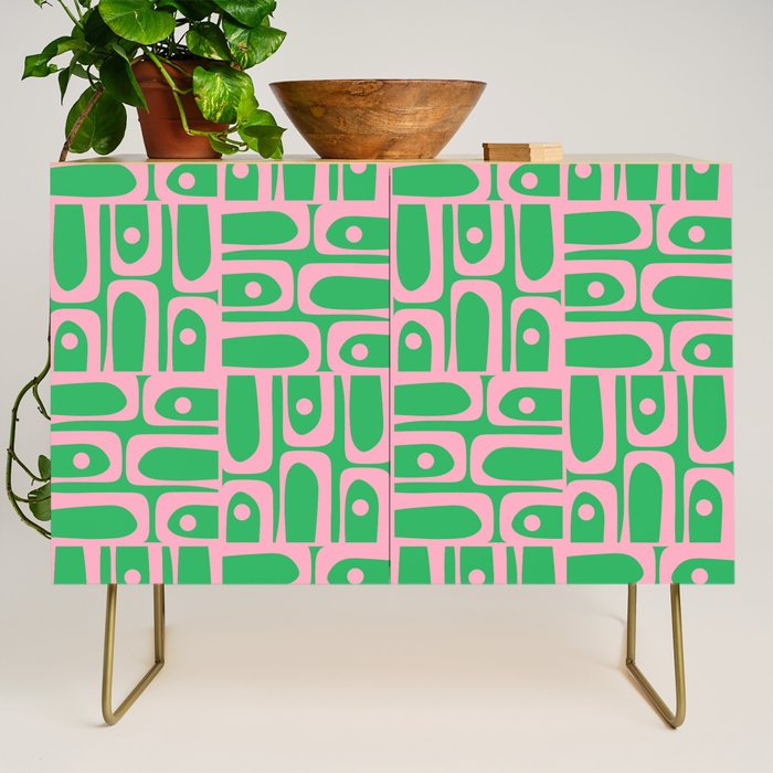 Mid Century Modern Piquet Abstract Multi Geo Pattern in Spring Green and Pink Credenza Gallery Image 1