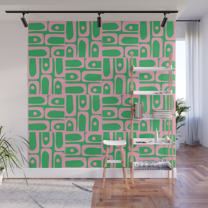 Mid Century Modern Piquet Abstract Multi Geo Pattern in Spring Green and Pink Wall Mural Gallery Image 1