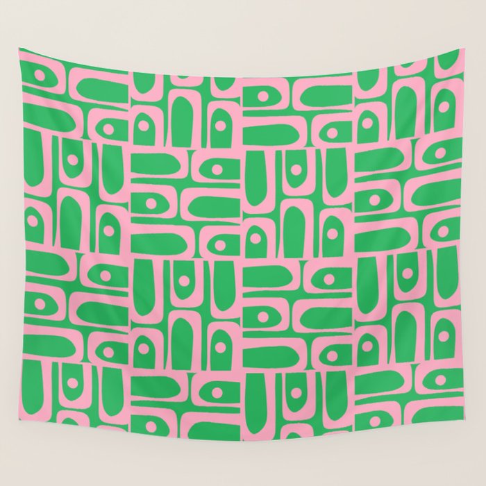 Mid Century Modern Piquet Abstract Multi Geo Pattern in Spring Green and Pink Wall Tapestry Gallery Image 4