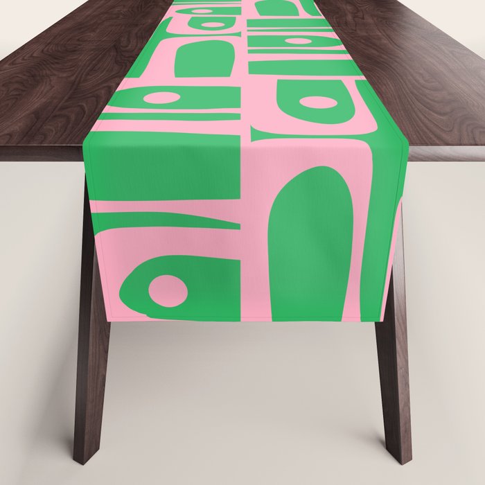 Mid Century Modern Piquet Abstract Multi Geo Pattern in Spring Green and Pink Table Runner Gallery Image 1