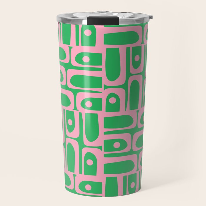 Mid Century Modern Piquet Abstract Multi Geo Pattern in Spring Green and Pink Travel Mug Gallery Image 1