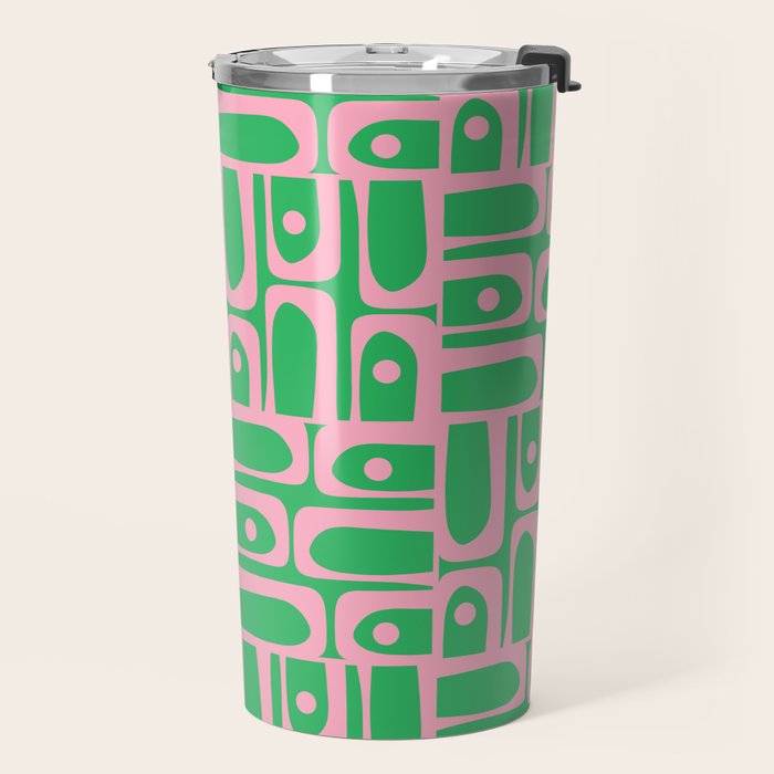 Mid Century Modern Piquet Abstract Multi Geo Pattern in Spring Green and Pink Travel Mug Gallery Image 2
