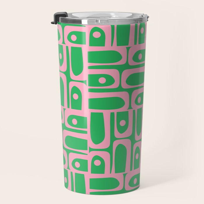 Mid Century Modern Piquet Abstract Multi Geo Pattern in Spring Green and Pink Travel Mug Gallery Image 3