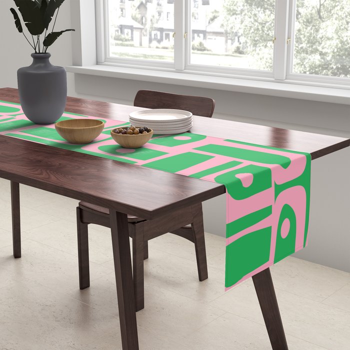 Mid Century Modern Piquet Abstract Multi Geo Pattern in Spring Green and Pink Table Runner Gallery Image 2