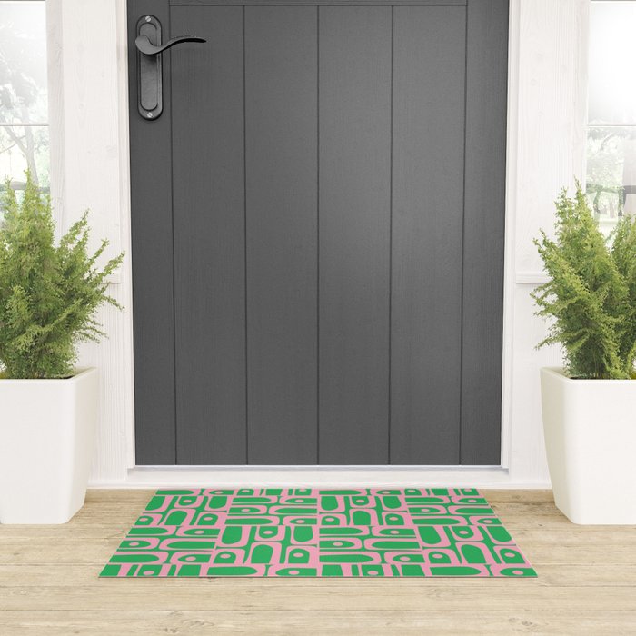 Mid Century Modern Piquet Abstract Multi Geo Pattern in Spring Green and Pink Welcome Mat Gallery Image 3