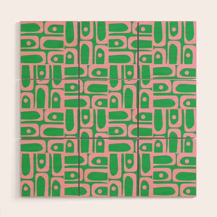 Mid Century Modern Piquet Abstract Multi Geo Pattern in Spring Green and Pink Wood Wall Art Gallery Image 1