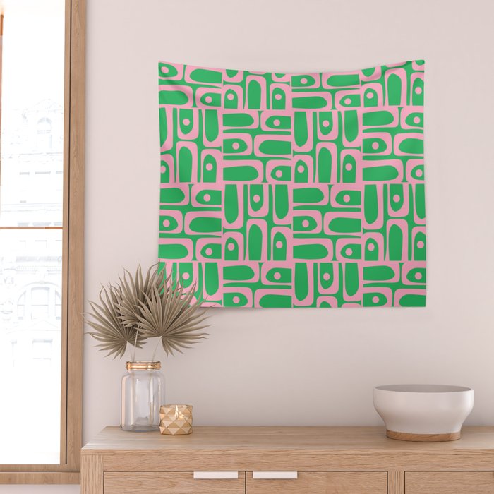 Mid Century Modern Piquet Abstract Multi Geo Pattern in Spring Green and Pink Wall Tapestry Gallery Image 2
