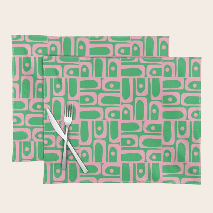 Mid Century Modern Piquet Abstract Multi Geo Pattern in Spring Green and Pink Placemat Gallery Image 1