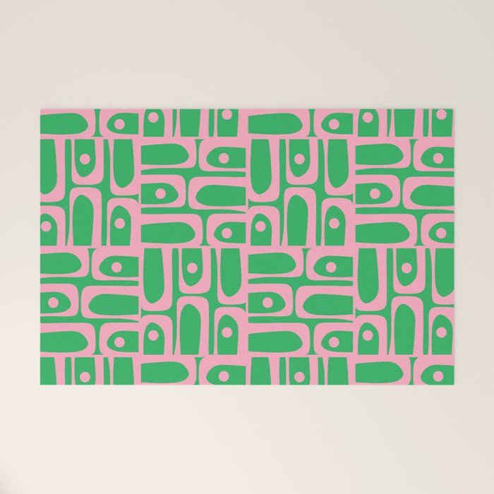 Mid Century Modern Piquet Abstract Multi Geo Pattern in Spring Green and Pink Welcome Mat Gallery Image 1