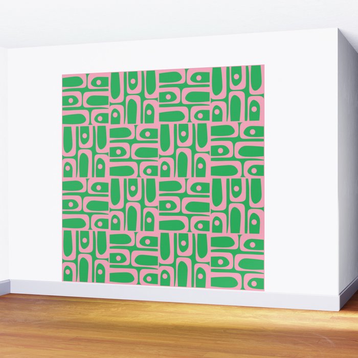 Mid Century Modern Piquet Abstract Multi Geo Pattern in Spring Green and Pink Wall Mural Gallery Image 2