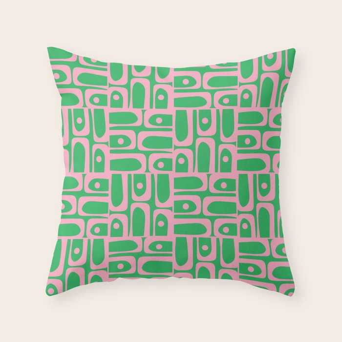 Mid Century Modern Piquet Abstract Multi Geo Pattern in Spring Green and Pink Throw Pillow Gallery Image 1