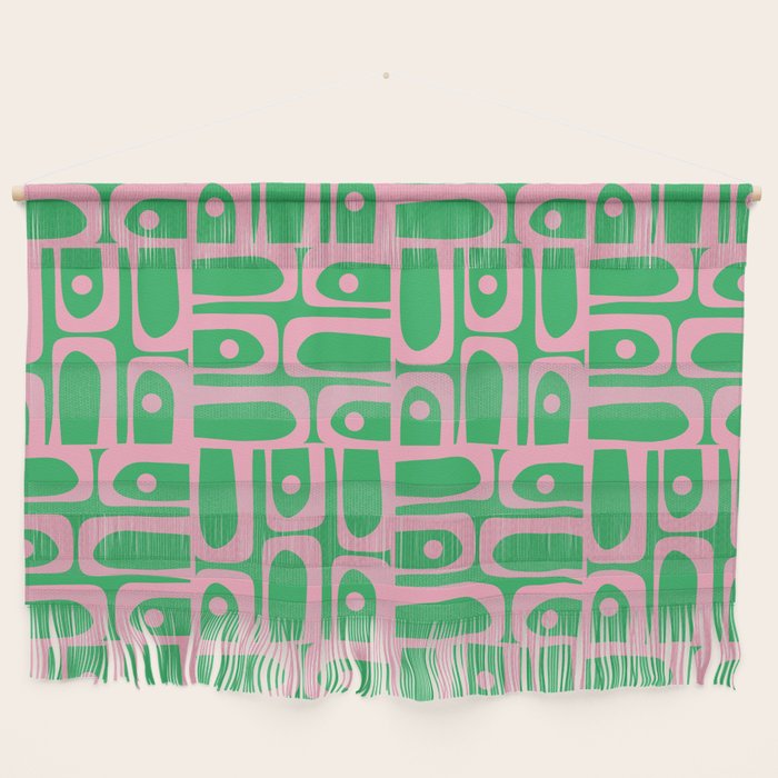 Mid Century Modern Piquet Abstract Multi Geo Pattern in Spring Green and Pink Wall Hanging Gallery Image 1
