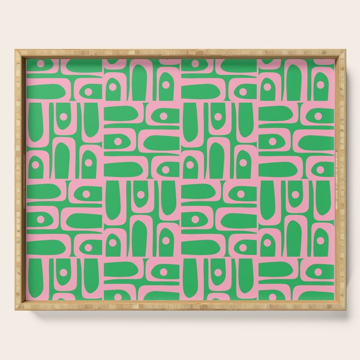 Mid Century Modern Piquet Abstract Multi Geo Pattern in Spring Green and Pink Serving Tray Gallery Image 1