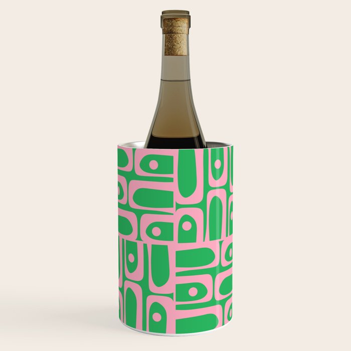 Mid Century Modern Piquet Abstract Multi Geo Pattern in Spring Green and Pink Wine Chiller Gallery Image 1