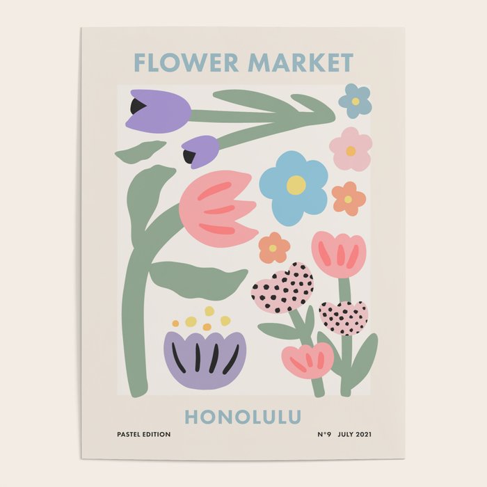 Flower Market Honolulu, Playful Retro Botanical Pastel Print Poster Gallery Image 4